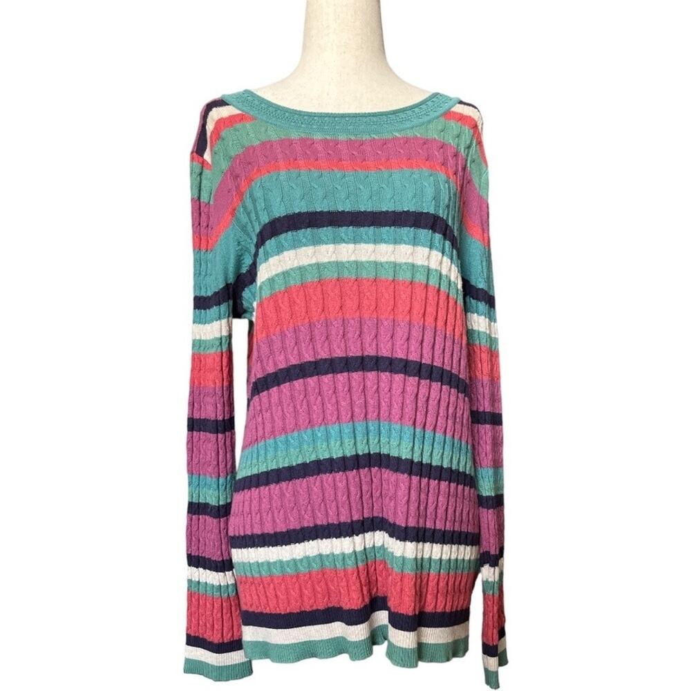 Soft‎ Surroundings Cable Knit Silk Cashmere Blend Striped Sweater Top Crochet M
